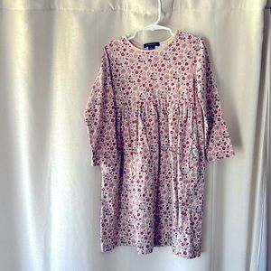 Long sleeve dress, pink/purple floral print on tan background, size 6